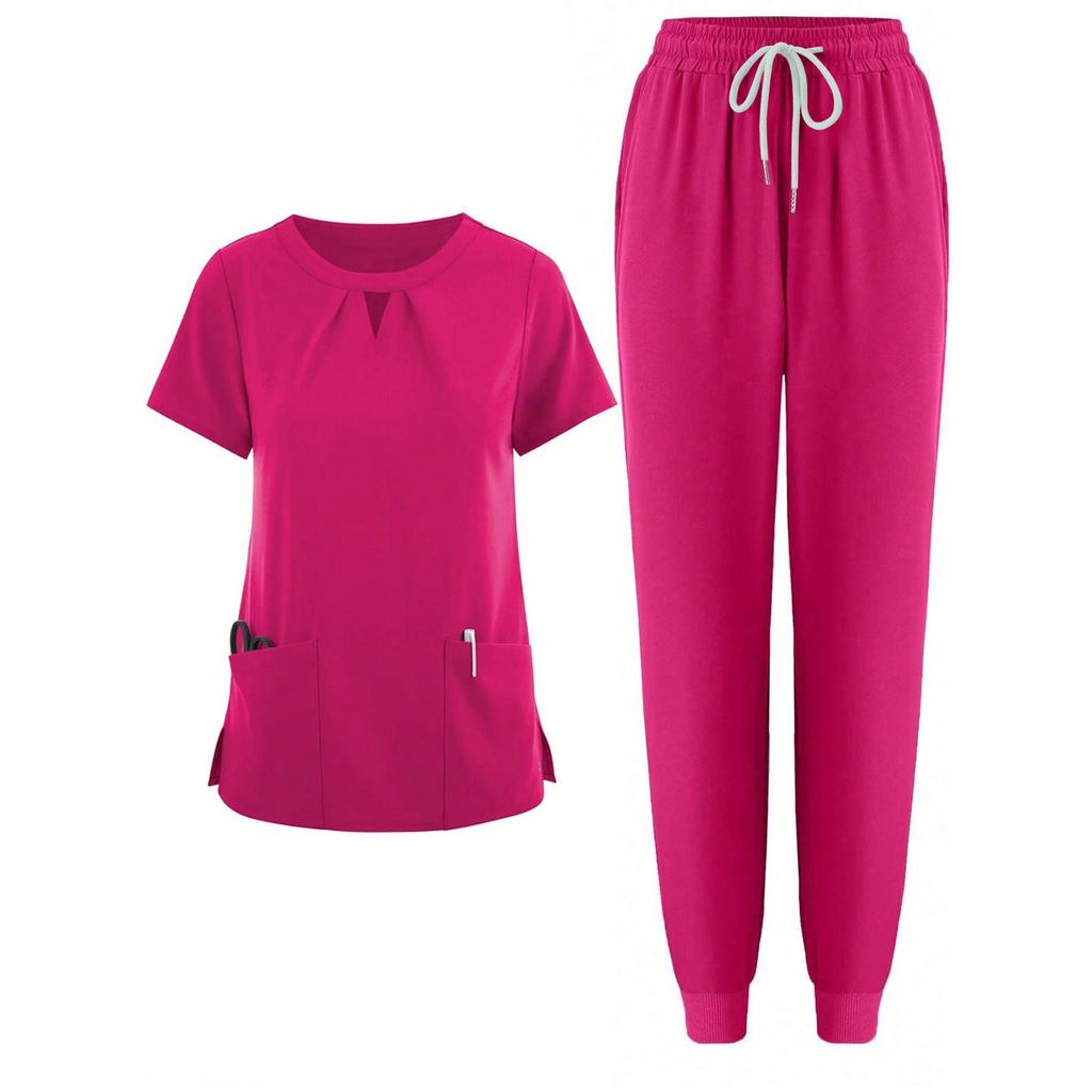 Short Sleeved Solid Color Round Neck Pocket Top Pants Work Clothes Two-Piece Set