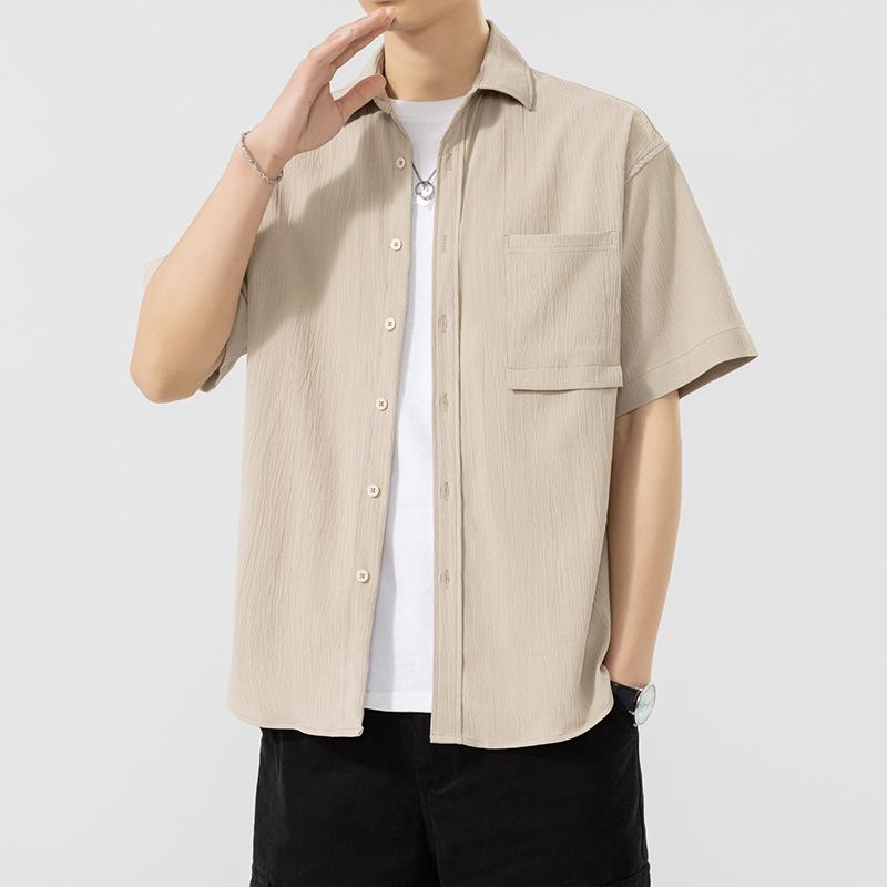 Solid Color Short-sleeved Shirt Men's Tooling Shirt Jacket Casual Versatile Loose Lapel Non-ironing