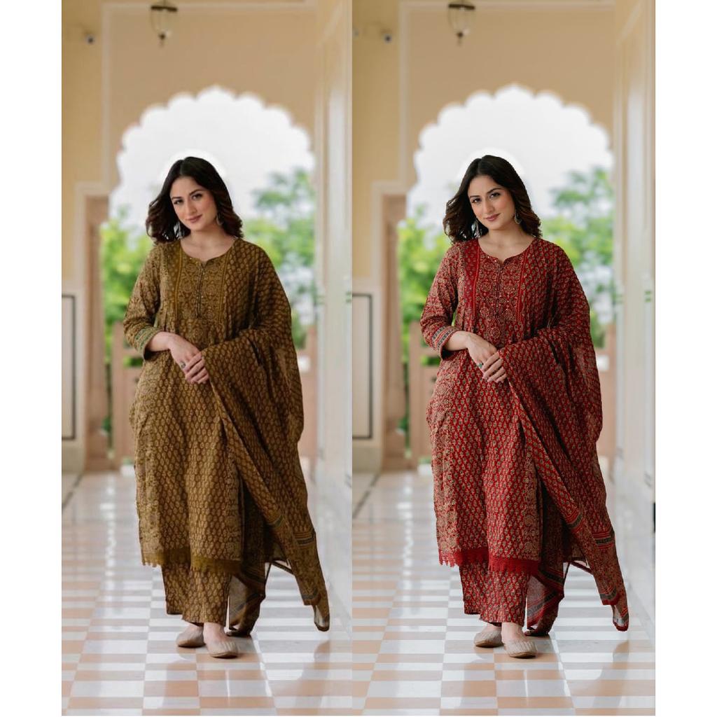 Heavy Cotton Printed Kurti Pant Dupatta Set Desigenr Women's Ethnic Kurta Set