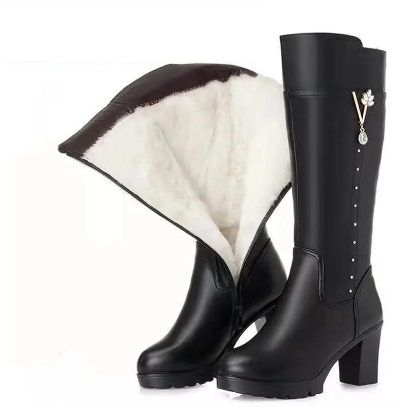 Trend Womens Boots High Quality Winter Leather Snow Boots Fashion High Heeled Ankle Boots for Women Plush Warm Boot Botas Mujer