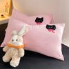 Korean Style Pink Bedding Set Black Cat Embroidery Washed Cotton  Duvet Cover Cute Cardboard  Bed linen Comforter Sets
