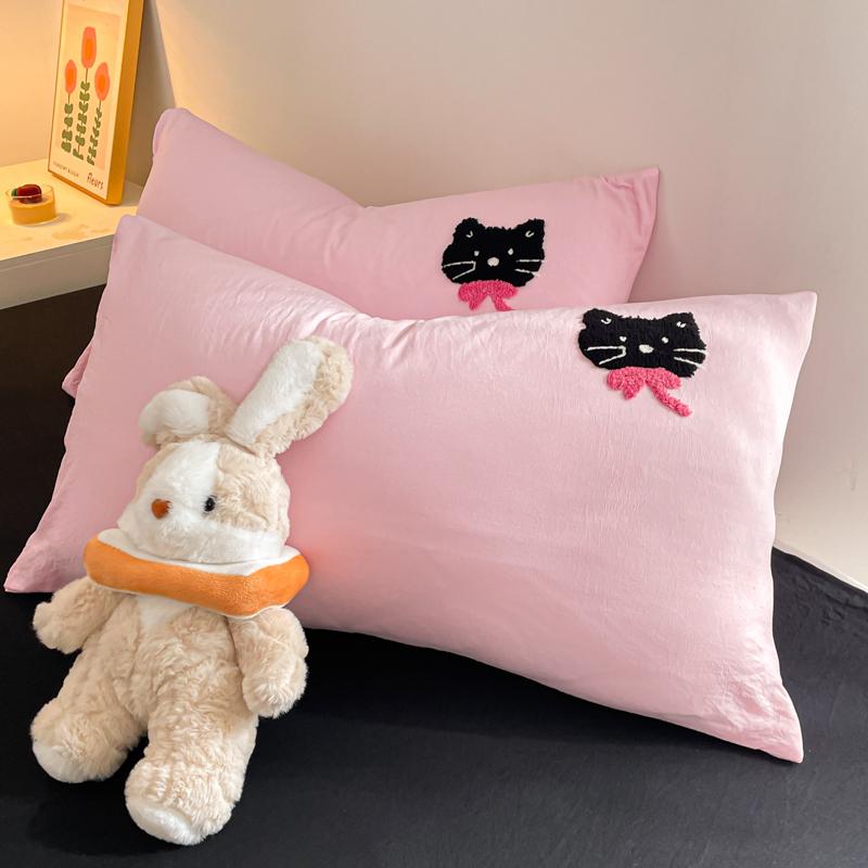 Korean Style Pink Bedding Set Black Cat Embroidery Washed Cotton  Duvet Cover Cute Cardboard  Bed linen Comforter Sets