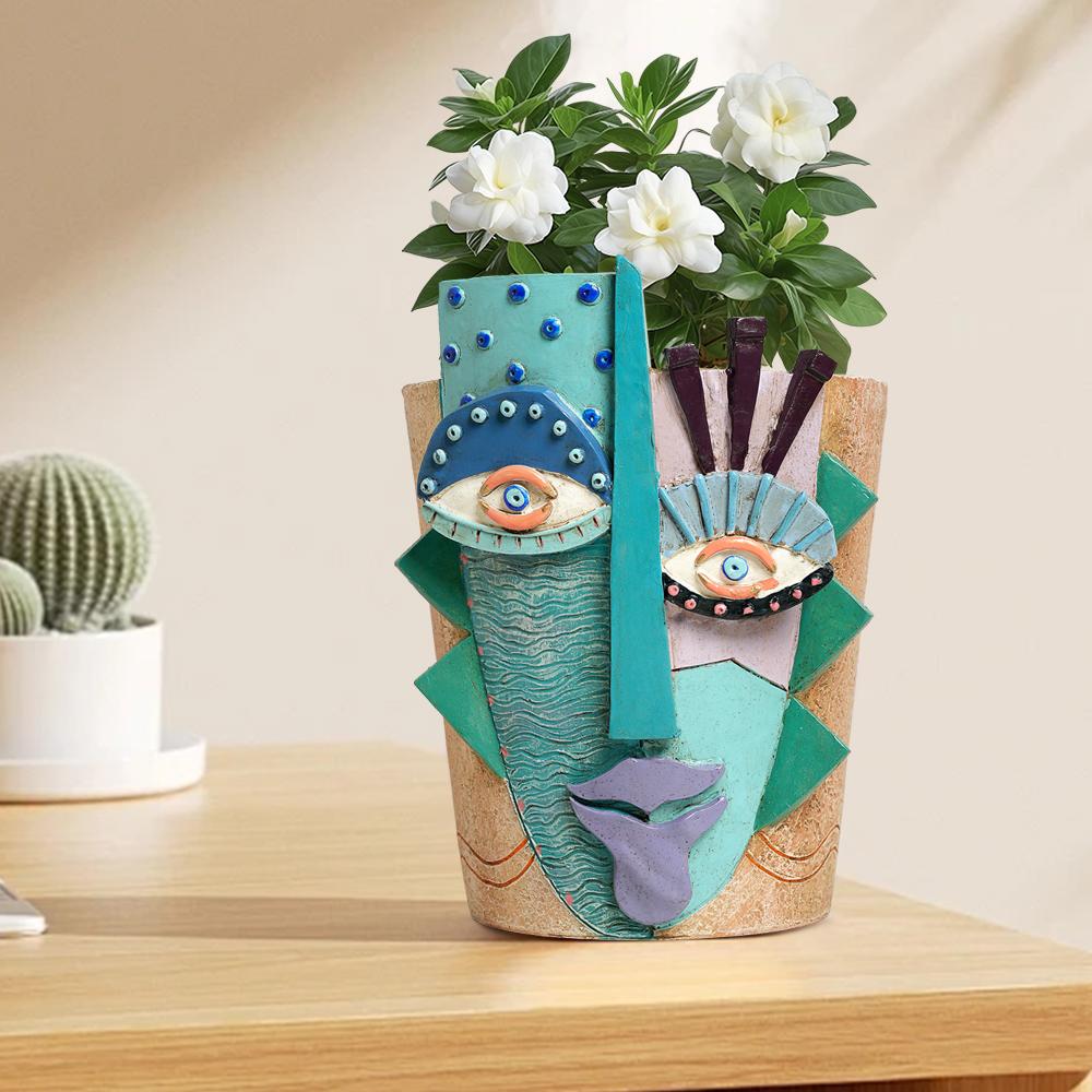 Barevný abstraktní květináč s obličejem a květinami pro vnitřní i venkovní rostliny Domácí zahradní umělecké dekorace Zábavná dekorativní hlava váza