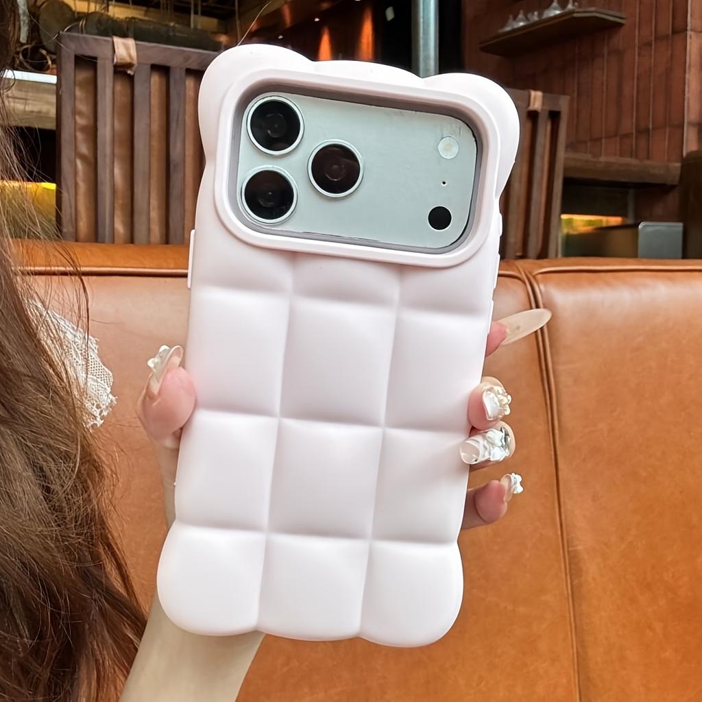 Cartoon Lattice 3D Block Phone Case For iPhone 18 17 16 15 14 13 Pro Max Candy Solid Color Shockproof Silicone Soft TPU Cover