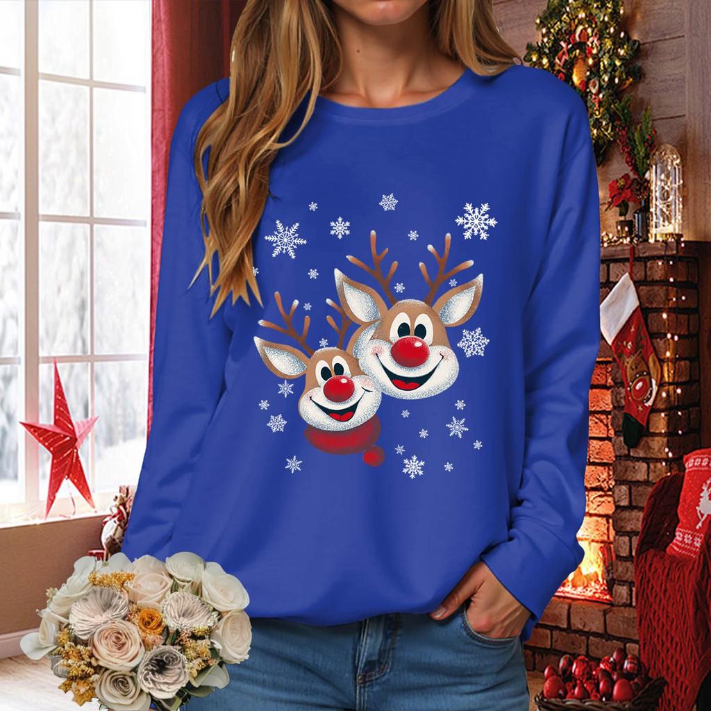 Sweat-shirt pull-over à manches longues décontracté à la mode pour femmes, coupe ample, imprimé de Noël, col rond