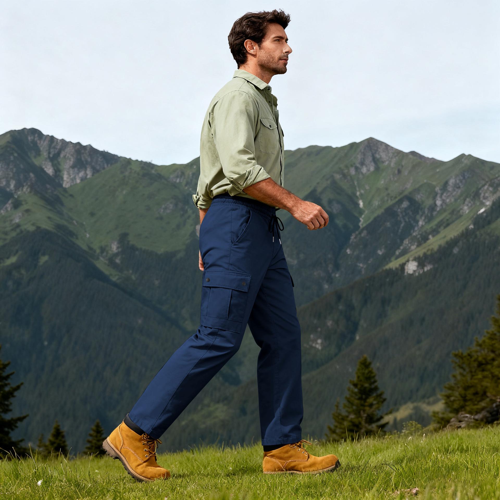 

Men s Outdoor Casual Cargo Pants Elastic Waist Drawstring Straight-Leg Trousers with Multi Pockets S синий