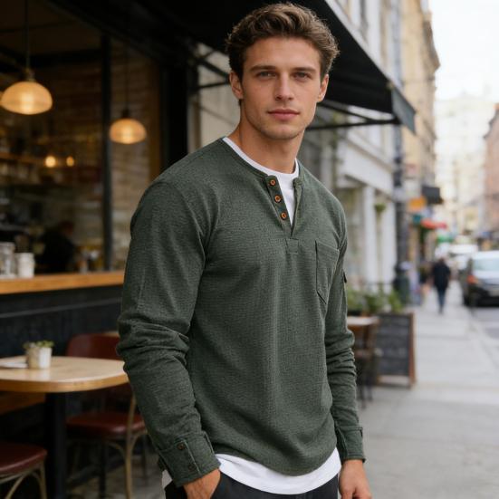 Herr Fusk Lager på Lager Skjorta Långärmad Falsk Tvådelad Våffelstickad Skjorta med Fickor Casual Lös Passform Texturerad Pullover för Sport Resor Kontor Gata