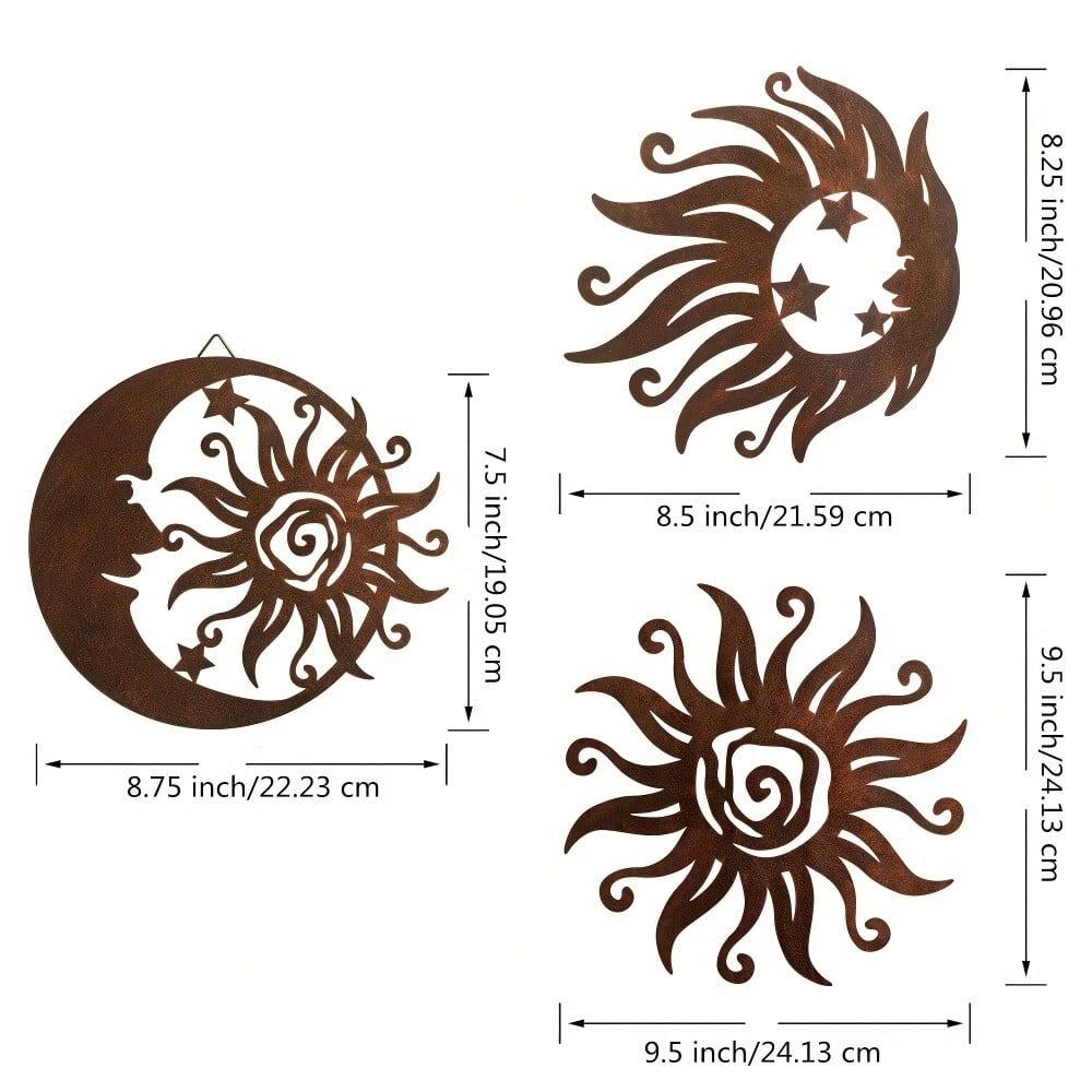 Wrought Iron Sun Wall Art 3 Pieces, Silhouette Sunburst Sculpture, Metal Hanging Decor for Living Room Bedroom