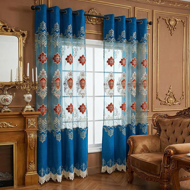 Living Room Bedroom Villa Blue European Embroidery Balcony Curtain High-End Finished Window Screen New Chinese Relief