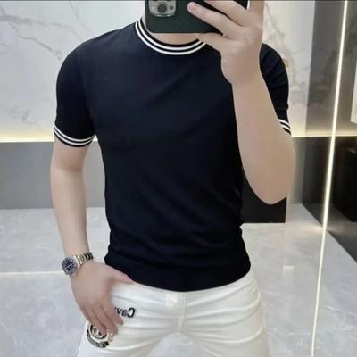 Nova Camiseta de Malha de Gola Redonda com Manga Curta de Alta Qualidade para Homens, Casual e Fashion, Top Listrado Personalizado de Verão