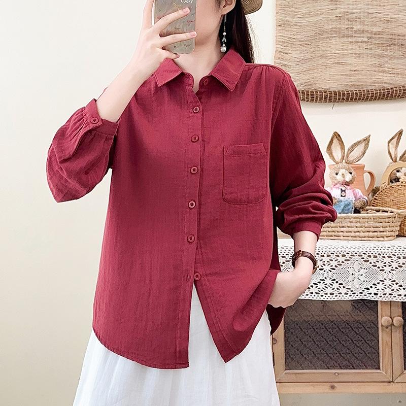Literary and casual style double-layer cotton yarn pure cotton shirt spring and autumn new Japanese simple retro versatile long-sleeved shirt women