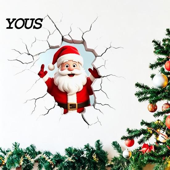 Indoor Outdoor Holiday Decor 3D Santa Claus Wall Sticker, Realistic Breaking Decal for Christmas Decoration, Festival Atmosphere Decoration Waterproof