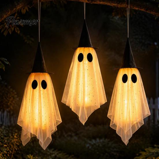 Garden Haunted House Accessories 3 Pcs Halloween Hanging Ghost Decoration, Spooky Large Mesh Easy Storage Props with Witch Hat for Porch, Yard,