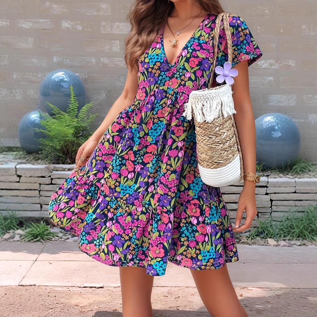 A Short-sleeved Dress with Printed and Floral Patterns for Spring and Summer Women's Wear