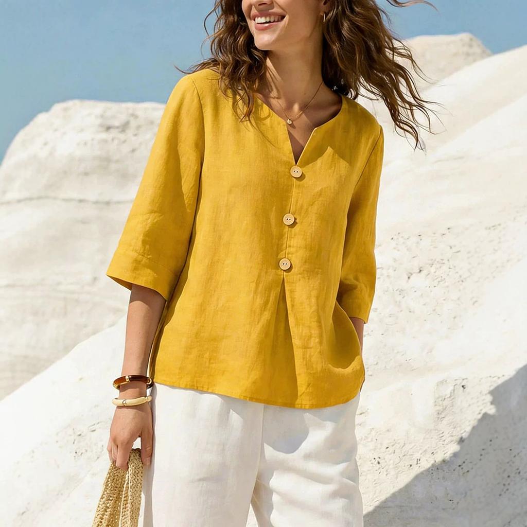 Solid-color Casual Loose V-neck Casual Button-down T-shirt for Women