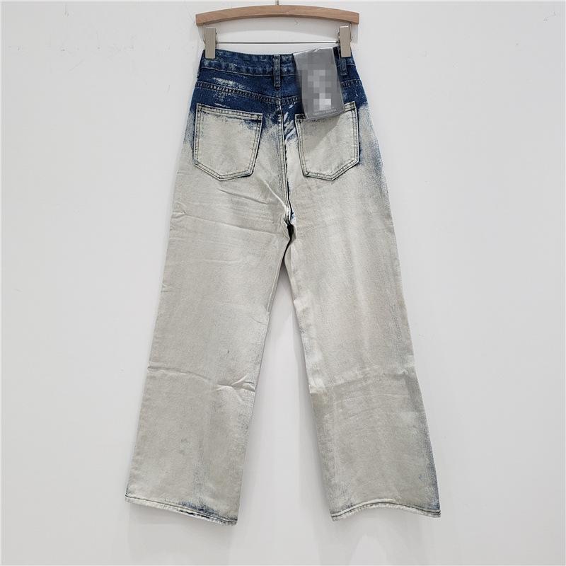 Gerade beschichtete Jeans Damen Herbst Neu High Street Tie-Dye Hohe Taille und Dünnes Weites Bein Bodenlange Hose Trendige Marke