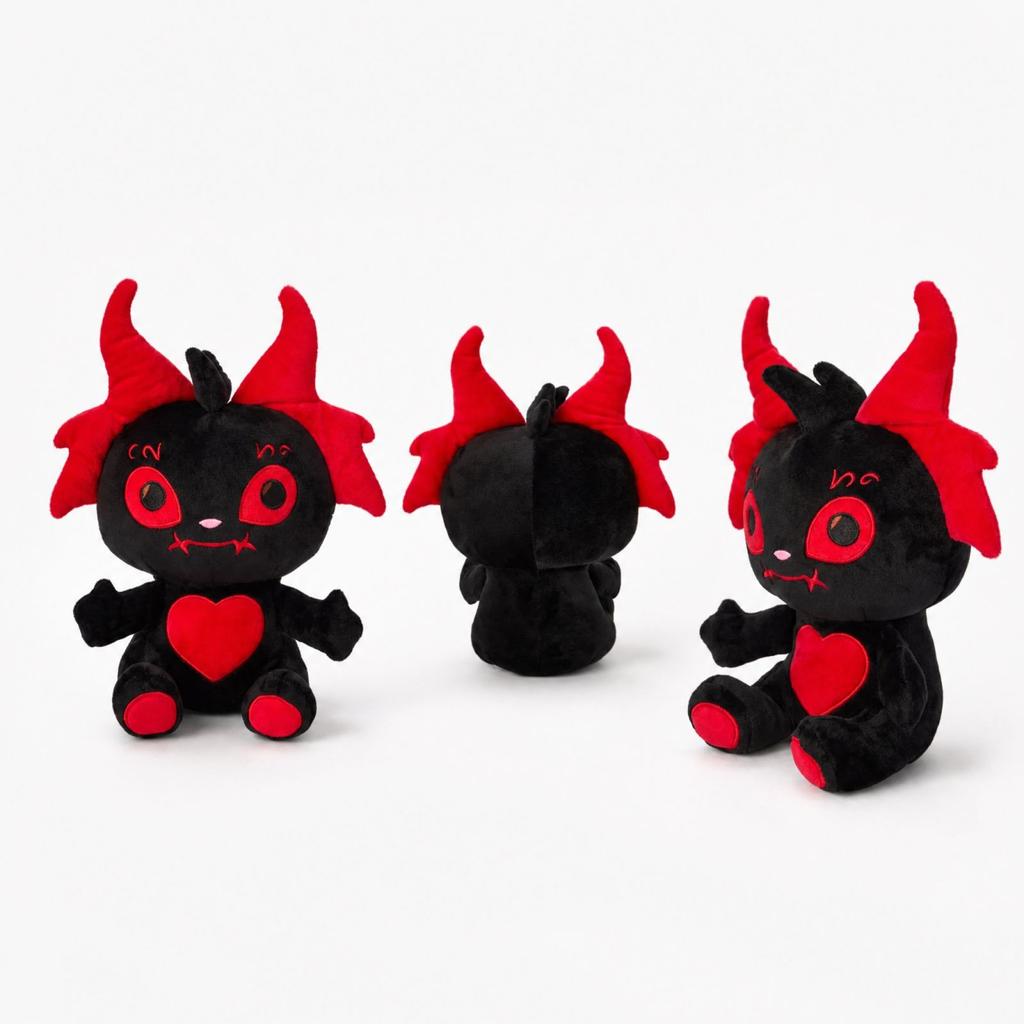 Gothic Devil Plush Doll Halloween Decor - Black Stuffed Animal Toy with Red Horns and Heart, Plush Gift