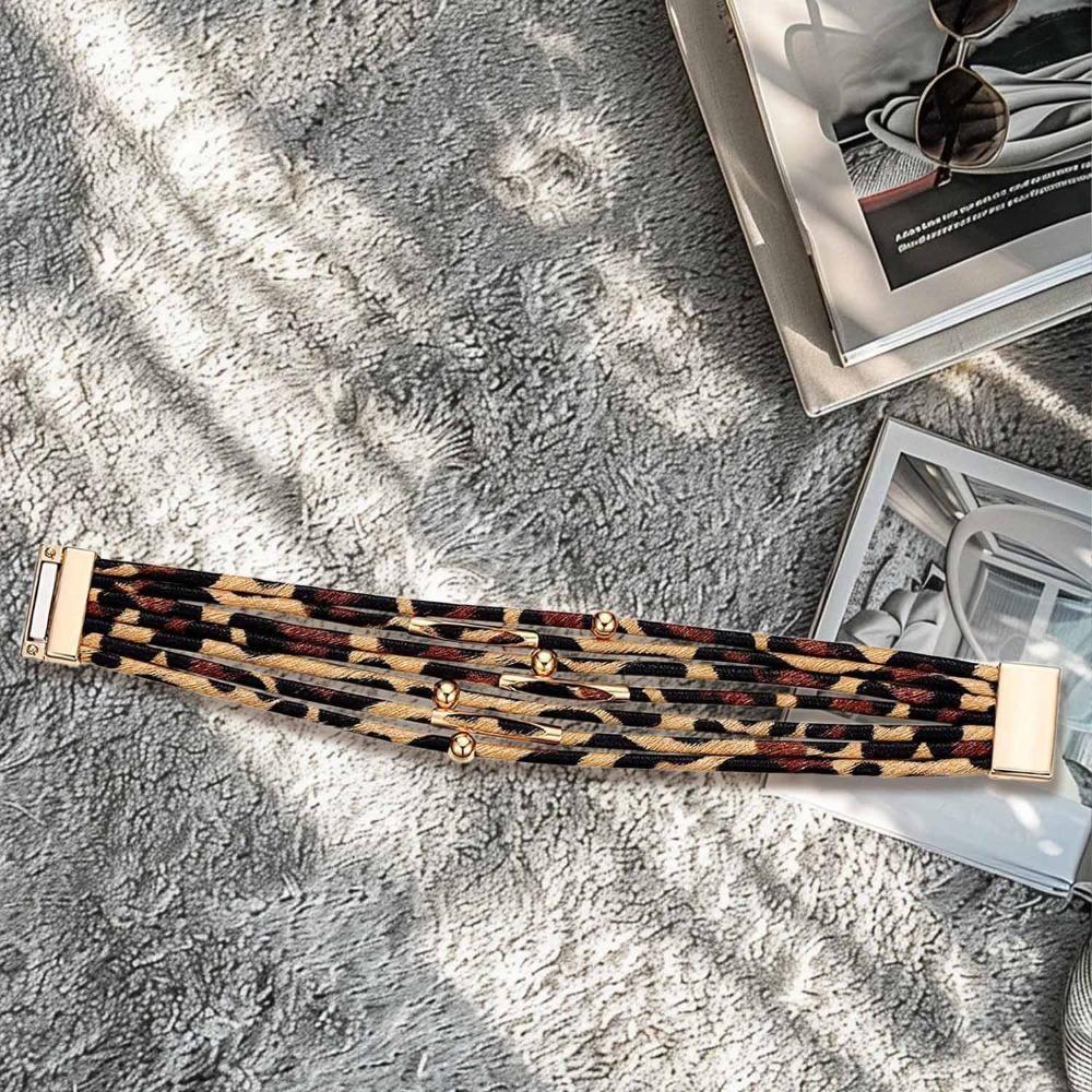 Charm MultiLayer Bangles Bohemian Style Magnetic Bracelet Vintage Leopard Leather Bracelets  Girls