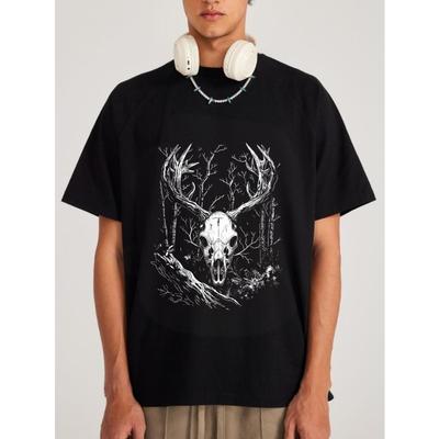 T-shirt Nera Uomo Teschio di Cervo Stampa Foresta Casual Streetwear Moda Top Avventura Outdoor Tema Caccia Maglietta Grafica Unisex Vestibilità Oversize