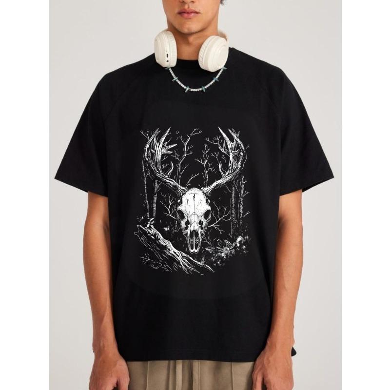Černé pánské tričko s potiskem lebky jelena a lesa, ležérní streetwearový módní top, outdoorové dobrodružství, lovecká tématika, grafické tričko, unisex nadměrný střih