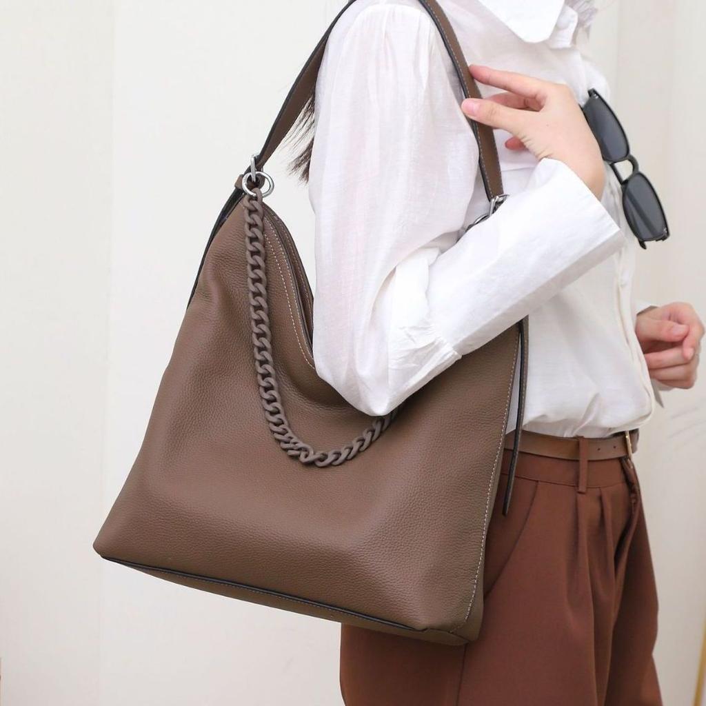 Cowhide Shoulder Women's Bag, Large-capacity Messenger Tote Bag, Women's Fashion Simple Shopping Bag Simple and Fashionable