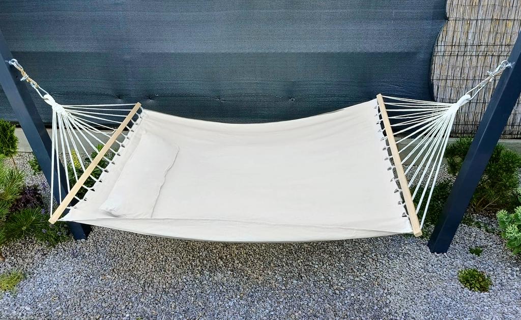 Zwei-Personen Boho Gartenhängematte, groß, stark, Schaukel, beige Spreizstange, 310x150