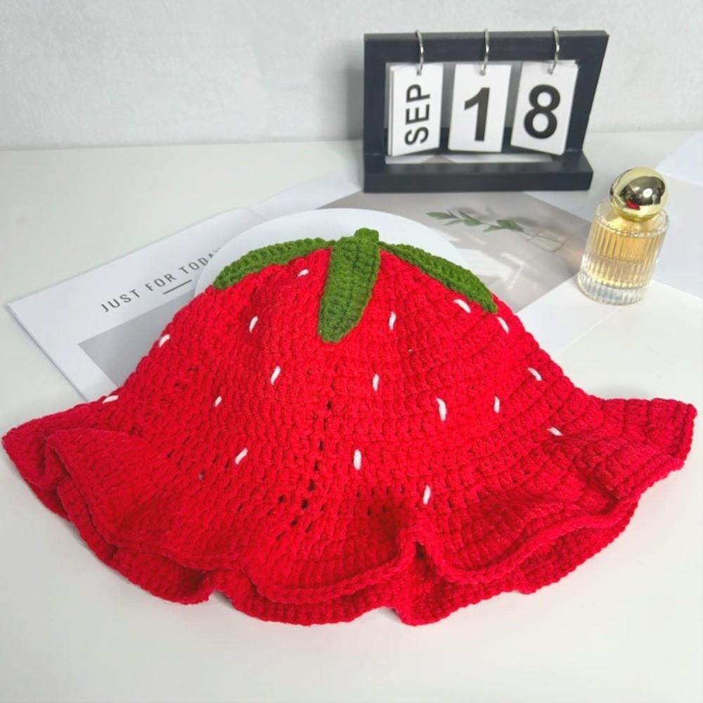 Cute Handmade Fisherman Hat Strawberry Design Red Knitted Hat Warm Hollow Yarn Hat for Girl