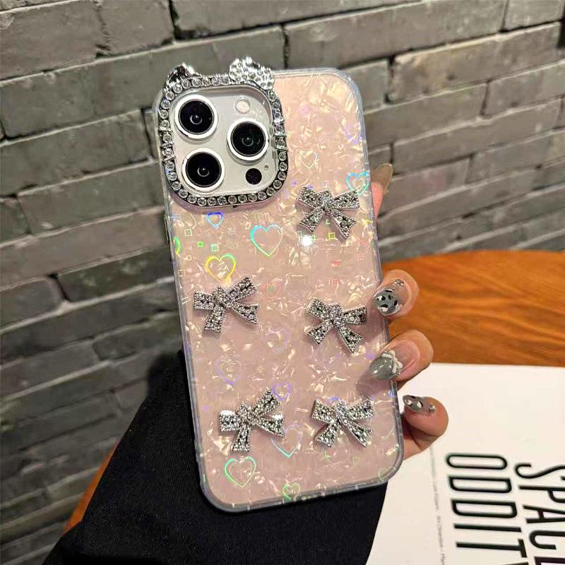 

Cat Ear Shell Pattern iPhone 17 Case with Rhinestone Heart & Cherry Design, Fits iPhone 14-16. iPhone 17 Pro