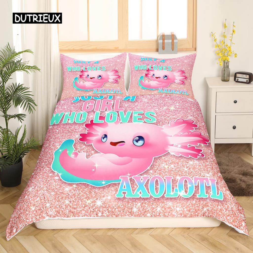 Axolotl Duvet Cover Set Pink Newt Wildlife Comforter Cover with Pillowcases Cartoon Octopus Animal Kawaii Style Twin Quilt Cover