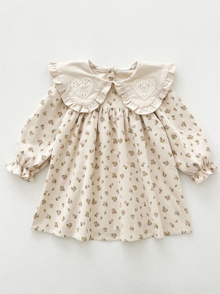 Lapel Printed Lace Girls Dress Long Sleeve Sweet Children Princess Dress