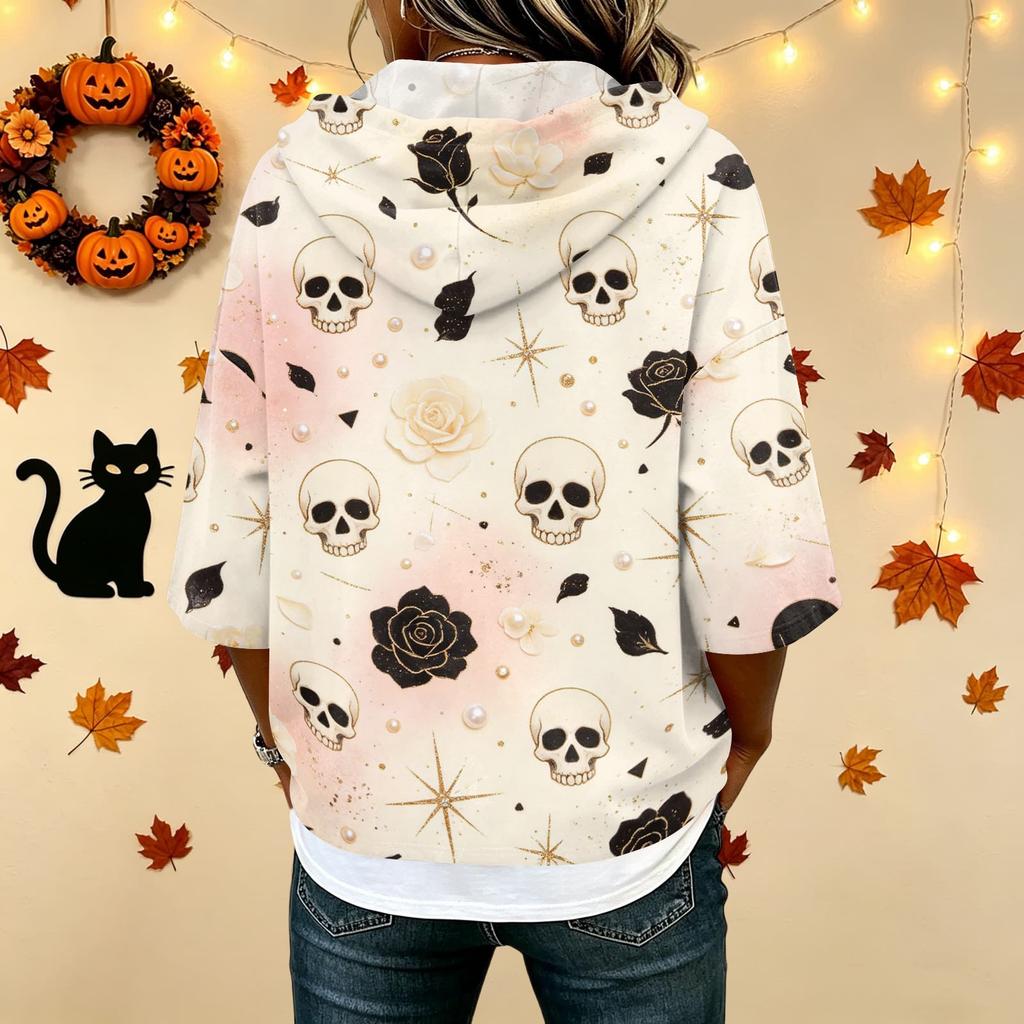 Women's Halloween Printed Hooded 3/4 Sleeve Casual Loose Fit Pullover