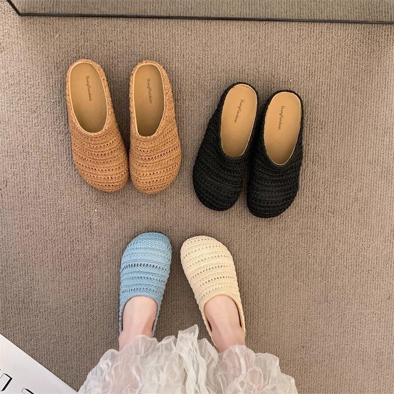Wind woven hollow breathable bag head half slippers women wear flat bottom summer new lazy sandals