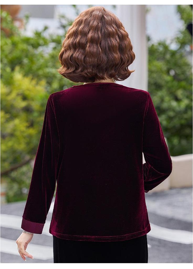 Elegant Gold Velvet Long-Sleeve Top for Middle-Aged and Elderly Women - Spring/Autumn 2026 Collection