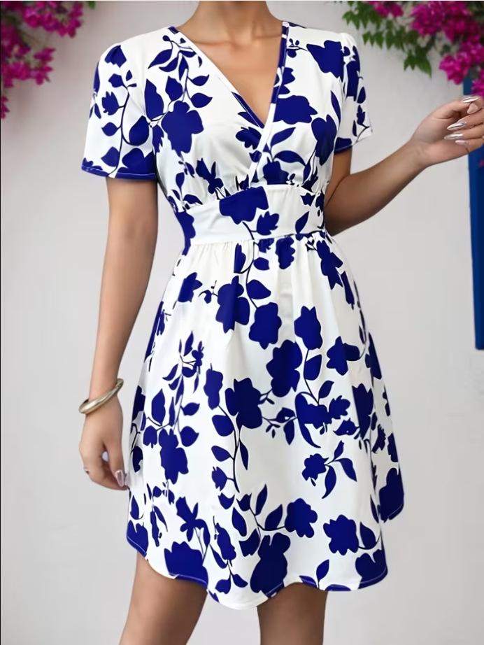 2026 Spring/Summer Women s Elegant Pleated Floral V-Neck Short-Sleeve Slim Dress XL синий