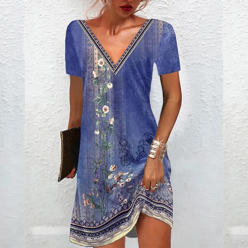 

Летняя женская юбка с принтом в винтажном стиле с v-образным вырезом и свободной талией 3XL синий