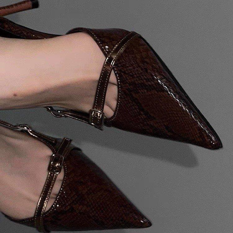 Fashion Small and Niche Design Pointed Thin Heel Snake Skin Pattern High Heels for Women  Retro Spicy Girl Belt Buckle Hollow Sandals