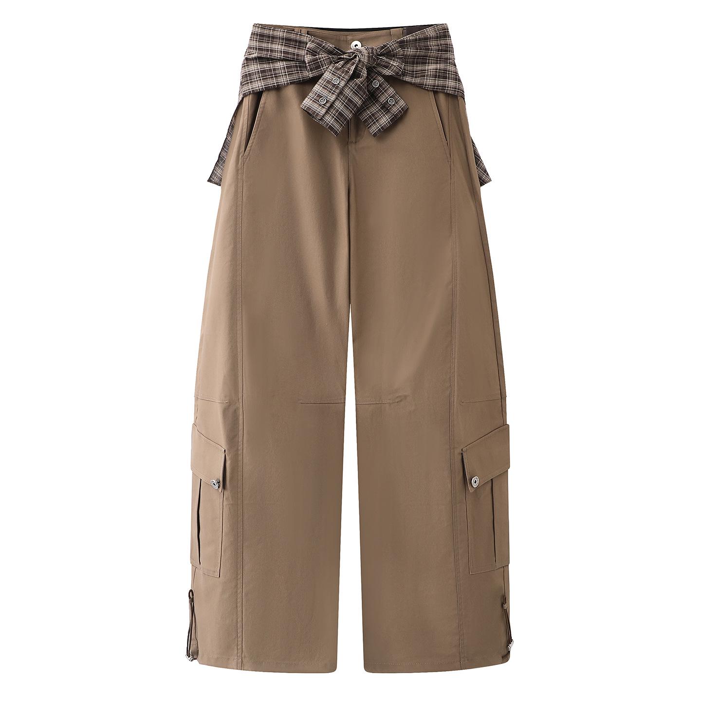 Spring 2026 Women s Sporty Knotted Belt Plaid Cargo Pants Medium хаки