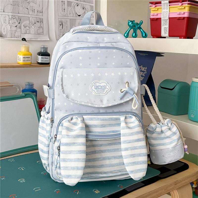Cute Bunny Ear School Backpack with Clear Front Pocket Top Handle Casual Daypack for Girls Daily Use