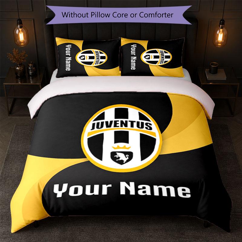 Juventus FC Custom Name Text Bedding Set 1 Duvet Cover+2 Pillowcases Soccer Logo Personalized Gift For Special Occasion Bedroom Decor