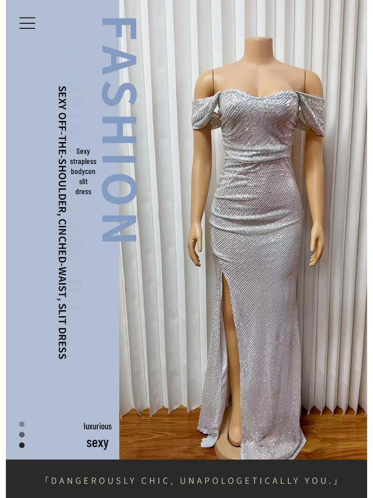 Elegant Sequin Slit One-Shoulder Long Dress - High-End Fashion for Women
