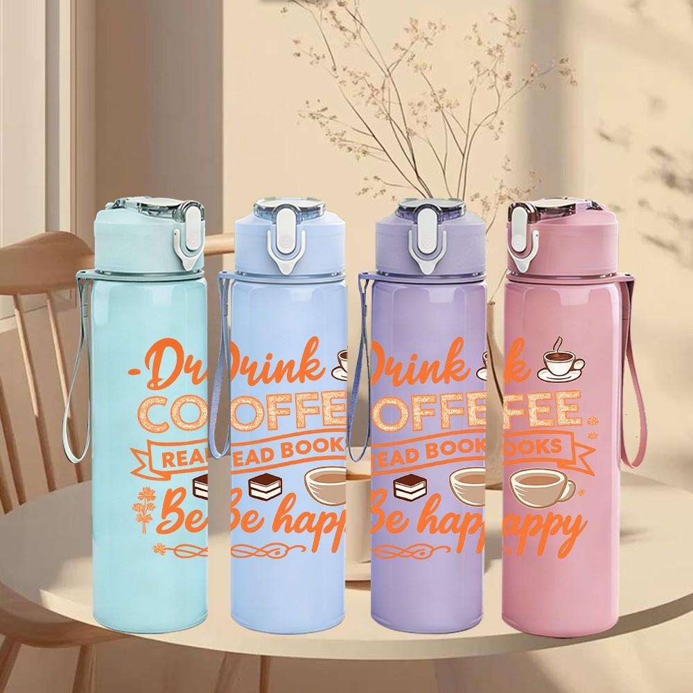 1PC Drink Coffee Be Happy Letter 750ml Color Plastic Sports Water Bottle Leakproof Flip Straw Lid Suitable for Sports Office Home Use