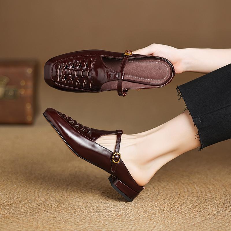 Fashion Women's New Summer Genuine Leather Metal Belt Buckle, Comfortable, Breathable, Low Heel, Large Toe, M Ü Ller Slippers