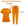 DIY Name Embroidery Customization Women's Uniform Quick-drying Fabric Solid Color V-neck Pocket Short-sleeved Trousers Suit Dry-nurse Work Clothes