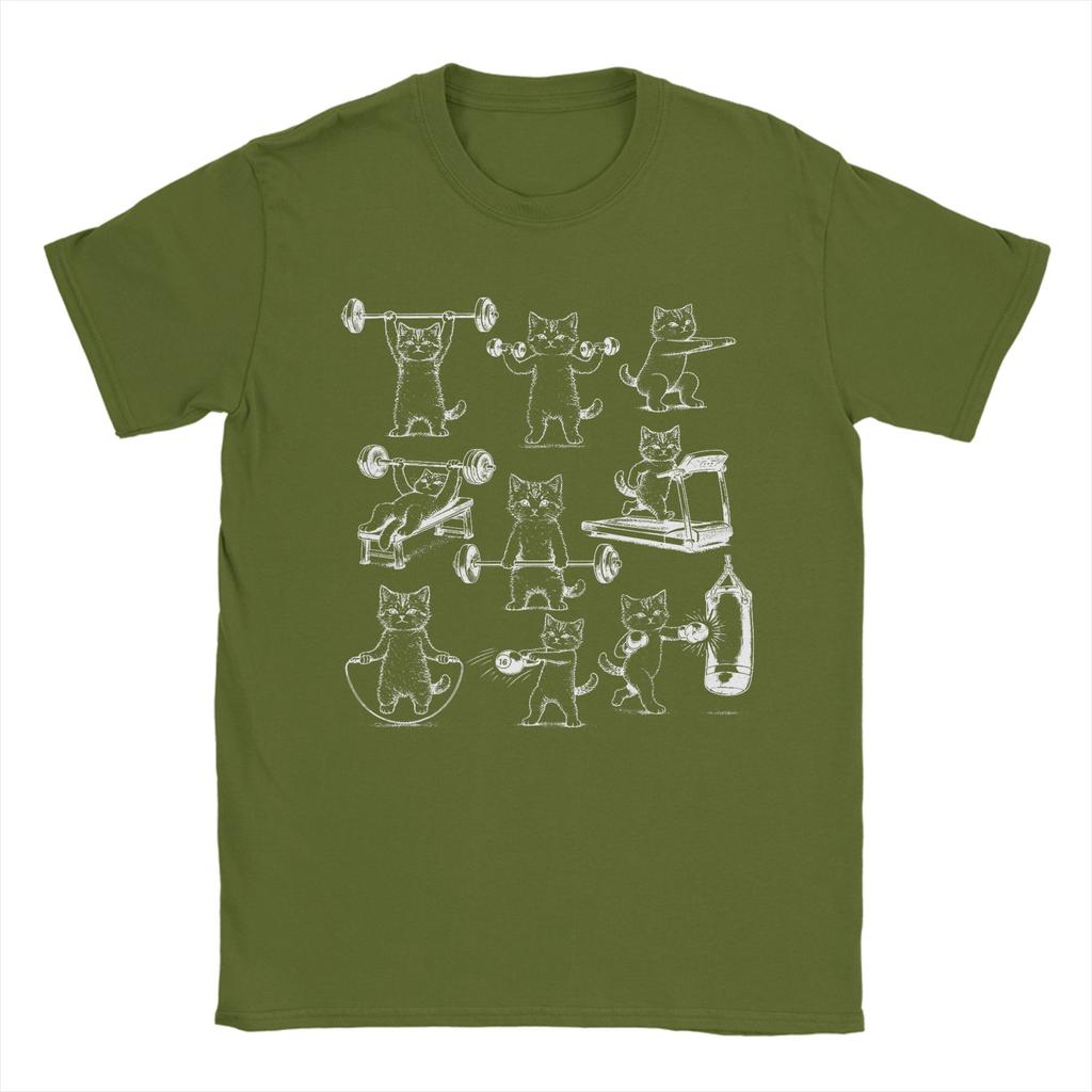 Vintage Weight Lifting Gym Cat Unisex T Shirts Casual Tees Short Sleeve Crewneck TShirt 100 Cotton Printed Tops