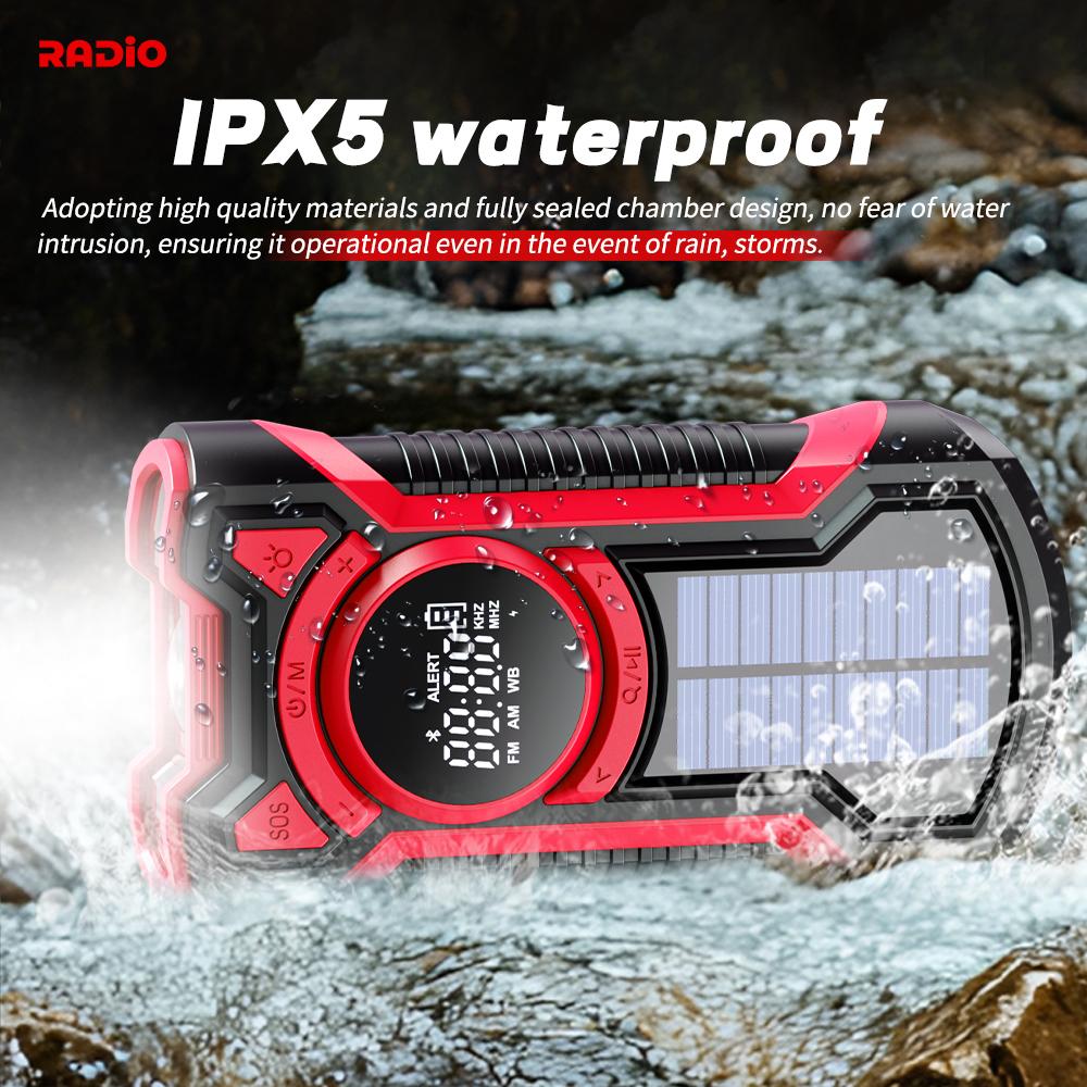 Solar 5000mAh, IP65 Waterproof Emergency Radio Hand Crank  Dustproof Bluetooth 5.3 Portable AM/FM /NOAA Weather Alert Radio