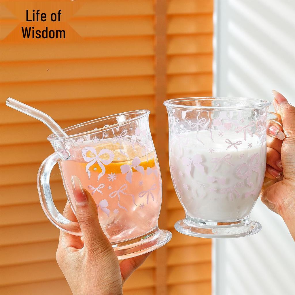 Floral Bow Large Capacity Glass Cup with Handle