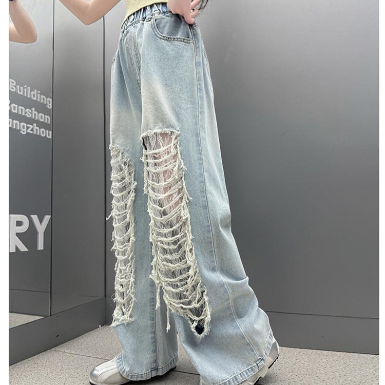 Girls' Ripped Jeans Children's Fashionable Lace Wide Leg Pants Summer Pants