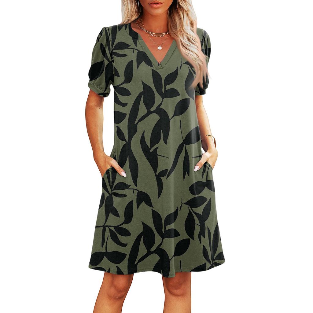 Women's Summer V-Neck Casual Beach Dresses Pod Short Sleeve Vintage Floral Print Dresses