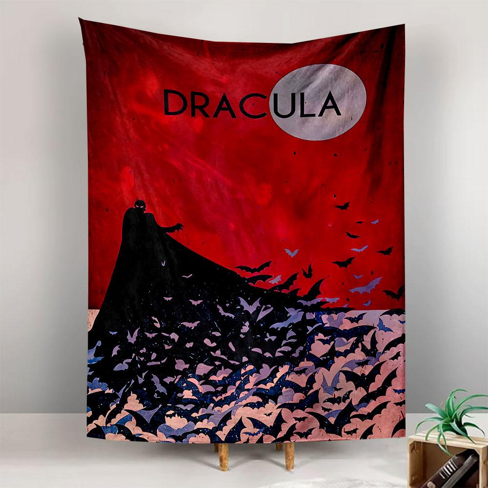 A dark silhouette releasing bats against a glowing red background. Patterned tapestry for bedroom and living room home decor
