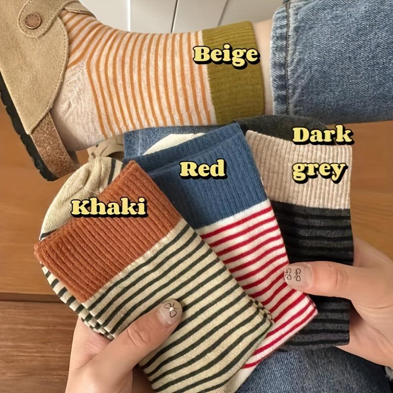 5 Pairs Women's Striped Crew Socks - Preppy Casual Thick Stacked Socks with Side Stripes, Multi-Color Combinations for Fall Winter Warmth Ruffle Socks